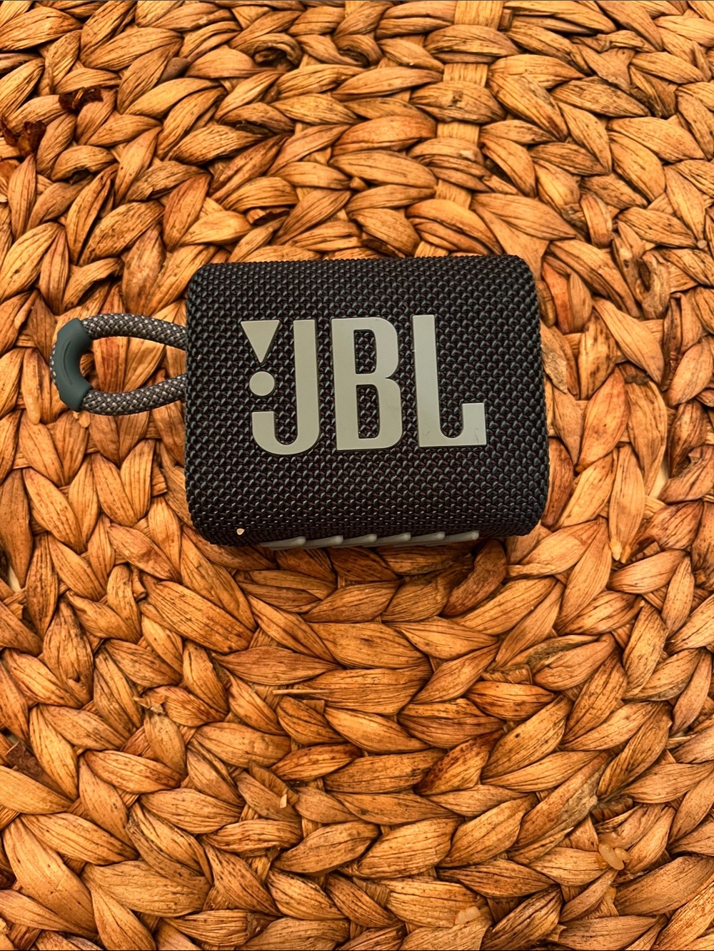 JBL Black Portable Speaker with Gray Logo and Braided Loop